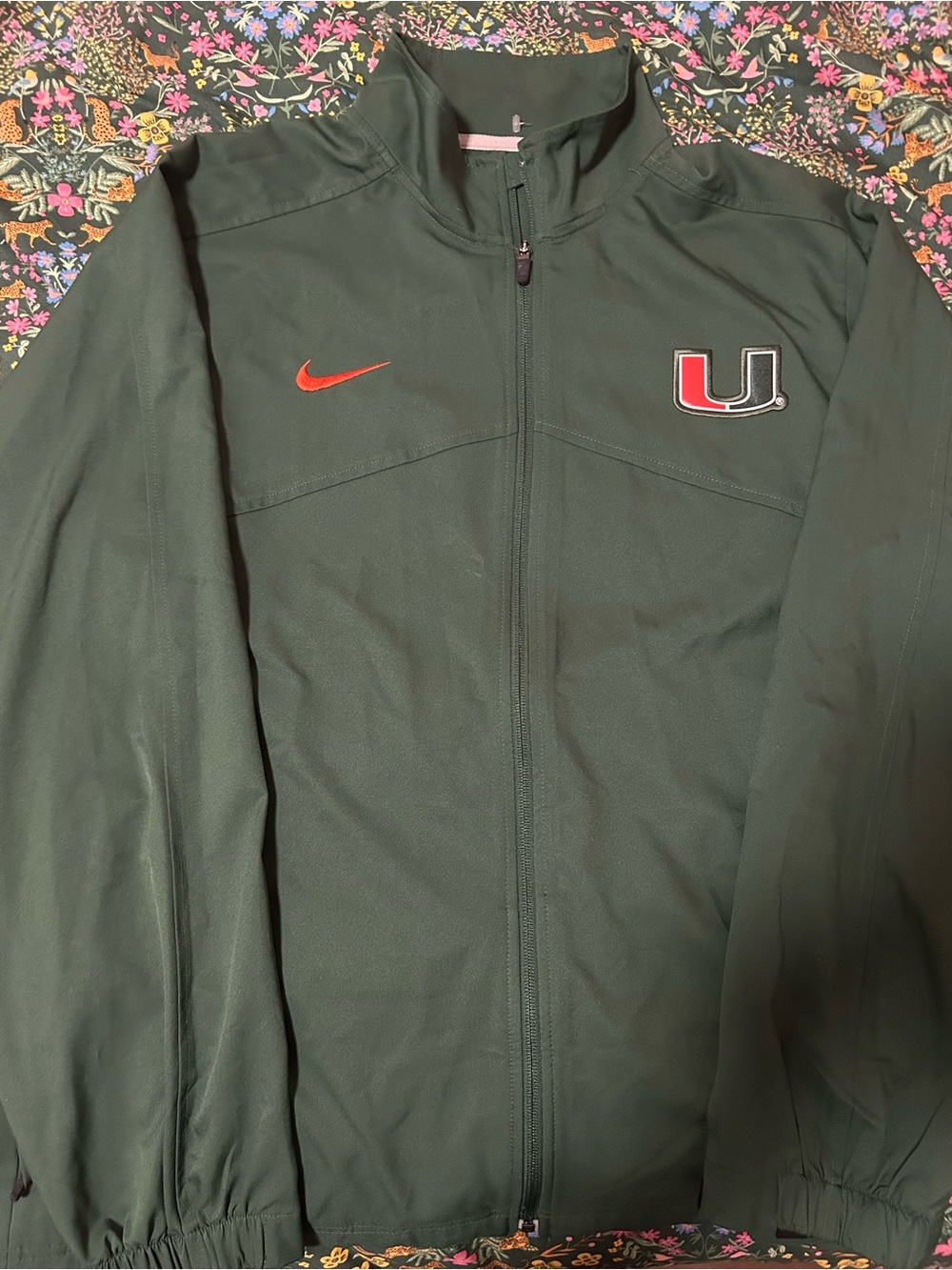 Nike Men’s Dark Green Full-Zip Jacket with Orange Swoosh & Red Accent U Patch